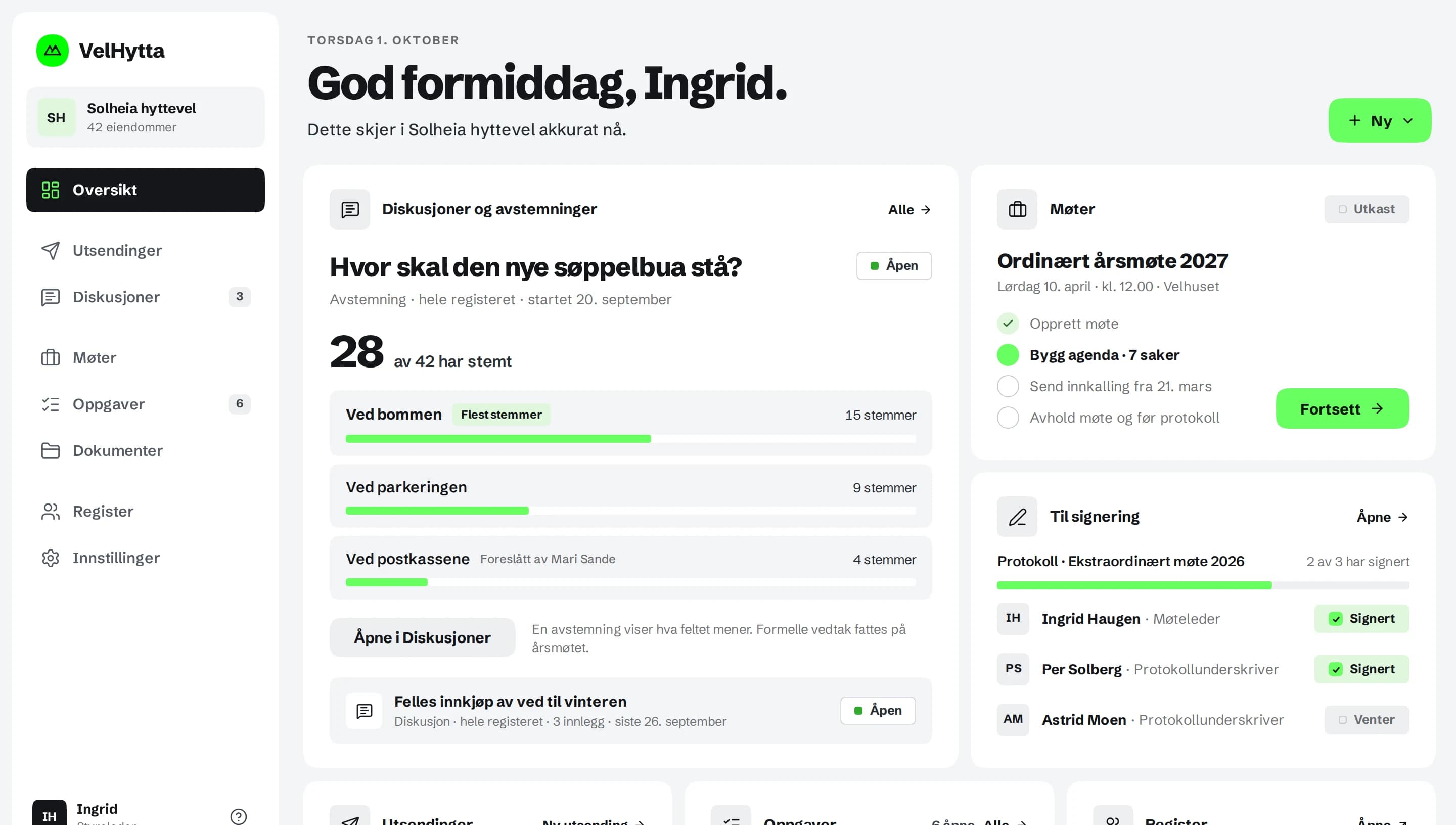 VelHytta-oversikten: avstemning, neste møte, protokoll til signering, utsendinger, oppgaver og registeret